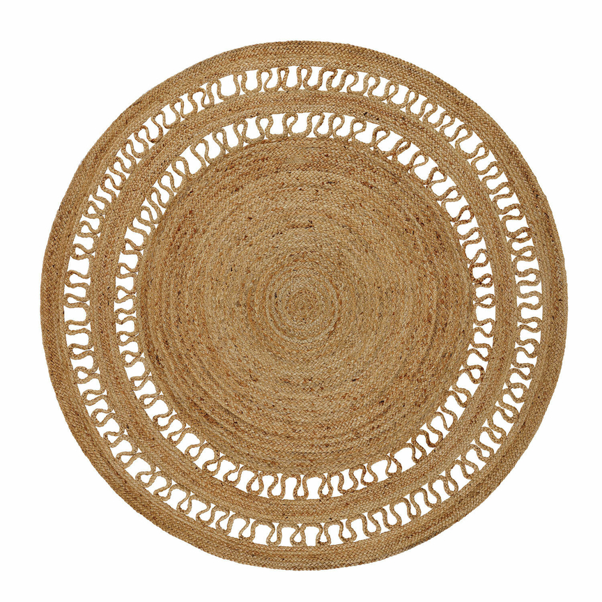 Runder Teppich aus Jute in Naturfarbe mit dekorativem Muster und offenen Schlaufen
